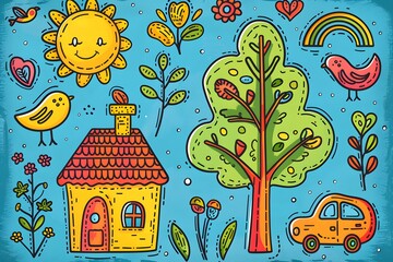 Colorful whimsical drawing with a smiling sun, house, tree, car, and cheerful nature elements