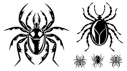 A collection of spider silhouettes on a white background,black silhouettes of spiders 