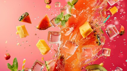 Cocktail fruité éclaboussant avec glaçons et fruits frais