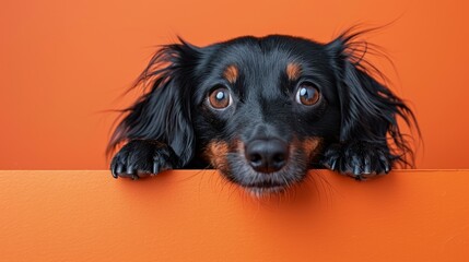 Cute black dog with big eyes peeking over an orange background, capturing curiosity and innocence in a vibrant and playful scene.