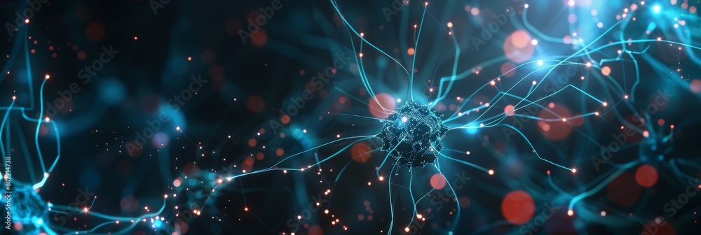 Poster the artistic neural network features illuminated nodes and particles symbolizing advanced technology