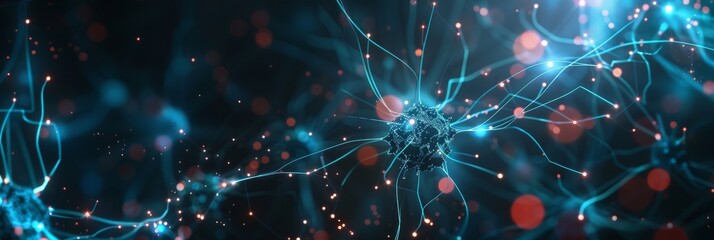The artistic neural network features illuminated nodes and particles symbolizing advanced technology