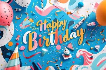 Colorful birthday celebration background with balloons, confetti, and festive party elements.