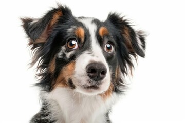 Close-up of an adorable tri-colored dog with curious expression, isolated on white background. Perfect for pet-related content.
