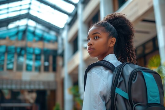 African American teen girl in school uniform goes back to school with black backpack and blue stripe on shoulder in front of building. Back to school theme, education, learning, student life.
