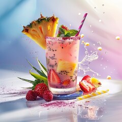 Cocktail exotique avec ananas, fraises et framboises sur fond coloré