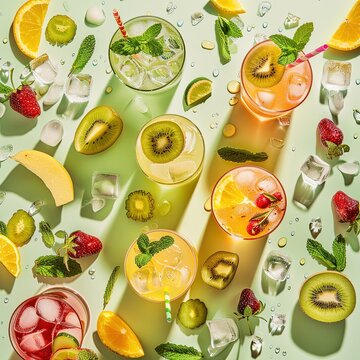 Assortiment de cocktails fruit&eacute;s avec kiwi, agrumes et gla&ccedil;ons