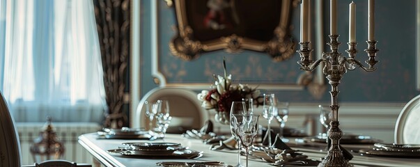 Elegant dining room with an empty silver candelabra.