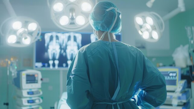 A doctor examines a hip replacement X-ray in a hospital room, reflecting the healthcare concept.