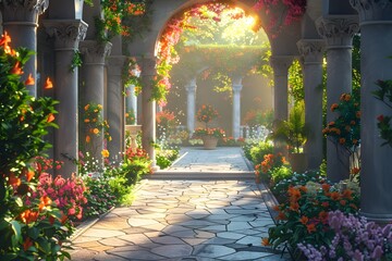 Fototapeta premium Sunny garden pathway adorned with vibrant flowers and lush greenery under elegant stone arches.