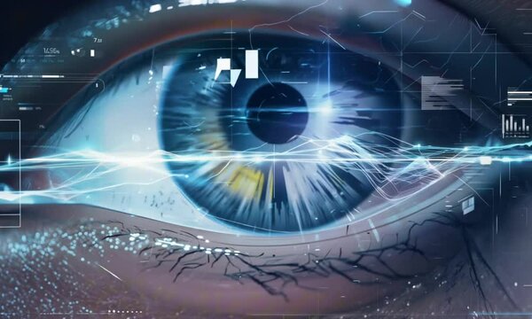 A close-up of a human eye with futuristic digital graphics overlaying the iris, perfect abstract concept for a tech-themed - Powered by Adobe