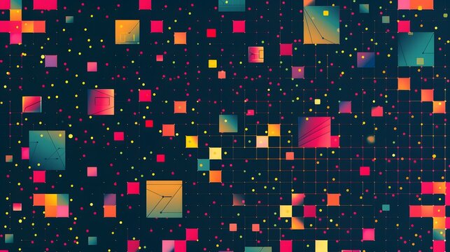 Abstract Pixel Symbols Vector Pattern. Geometric Retro Computer Game Style Texture. Generative Art Tech Vector Illustration. Grid of Pixel Shapes.