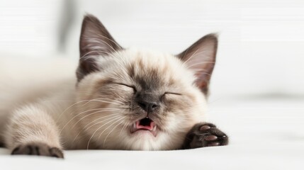 Fototapeta premium Adorable Siamese kitten sleeping peacefully with mouth open on a soft white blanket, showcasing cuteness and tranquility.
