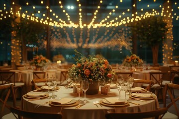 Obraz premium Elegant wedding reception setup with floral centerpieces and string lights in decorated venue