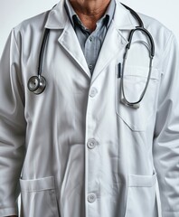 Close-up of a doctor wearing a white coat and stethoscope. Medical professional ready for patient care in a clinical setting.
