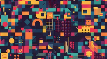 Abstract Pixel Symbols Vector Pattern. Geometric Retro Computer Game Style Texture. Generative Art Tech Vector Illustration. Grid of Pixel Shapes.