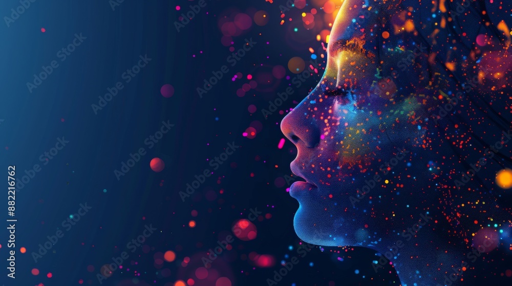 Poster abstract digital face with a mosaic of blue and orange colors on a dark background. represents ai an