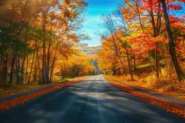 a scenic drive through a forest with vibrant fall foliage. The road is lined with colorful trees, and the sunlight creates a beautiful dappled effect on the pavement.