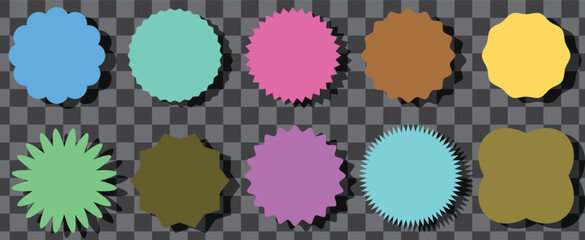 Set of vector starburst, sunburst badges. 10 different color. Simple flat style Vintage labels. Design elements. Colored stickers. A collection of different types and colors icon.eps10 vector