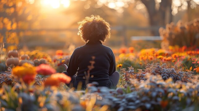 Woman practicing mindfulness in peaceful garden, wide shot with soft natural ligh