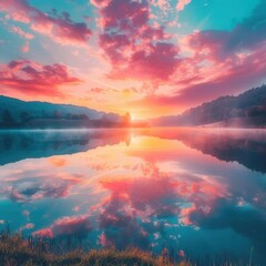 Obraz premium Beautiful sunrise over a still lake, soft orange and pink hues in the sky Lowangle shot, water reflecting the vibrant colors, creating a tranquil atmosphere