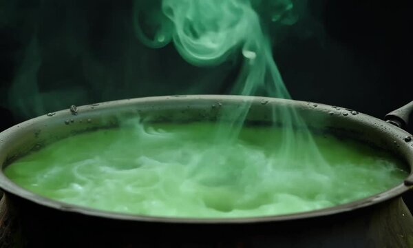 Cauldron with green magic potion is bubbling and emitting green smoke on a dark background. Perfect for halloween concepts