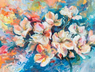 A vibrant abstract painting featuring a cluster of white blossoms against a background of blue, orange, and yellow hues
