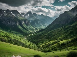 Obraz premium Serene mountain vista with verdant valley, fluffy clouds, and distant peak