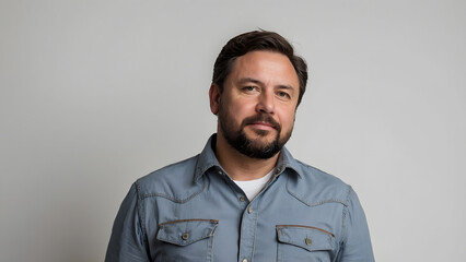 Obraz premium Middle aged man over 30 with beard in denim shirt stands on light background