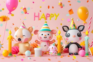 Cute animal-themed birthday party with colorful decorations and playful toys.