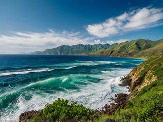 Obraz premium Turquoise waters lap golden sands beneath a vibrant sky, promising idyllic summer escape on Sardinia's picturesque coastline