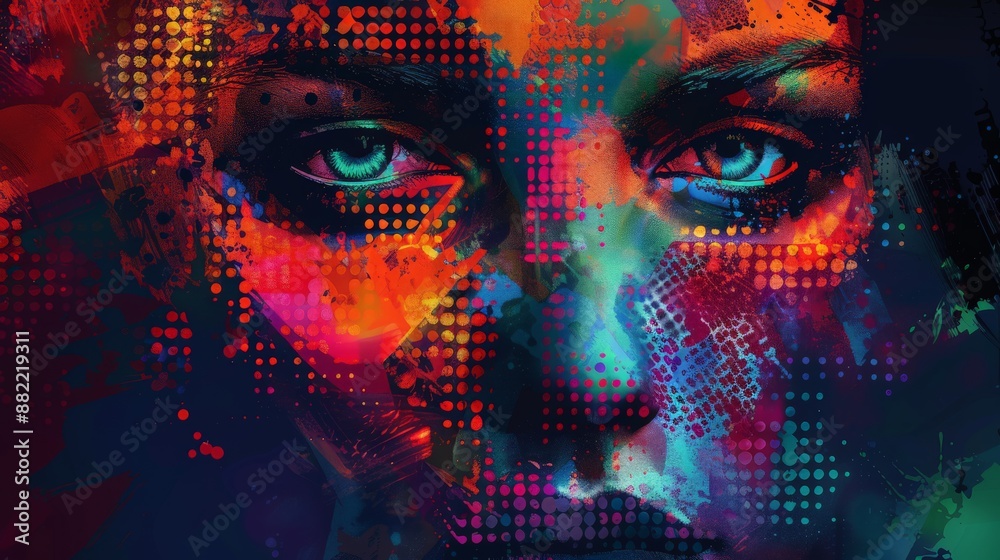 Poster colorful digital face with bold geometric patterns and glowing details on a dark background. represe