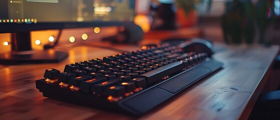 Modern Gaming Keyboard on Wooden Desk with Warm Ambient Lighting