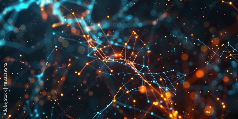 Poster abstract visualization of interconnected network with glowing nodes and lines representing data exch