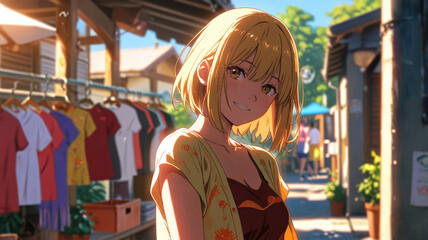 Obraz premium portrait of a pretty happy anime girl on sunny day