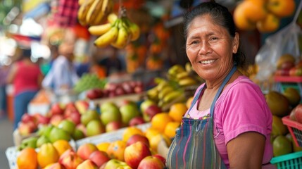 Fototapeta premium Close-up of a vendor selling fresh fruits at a local market, with a colorful display of apples, oranges, and bananas, wearing an apron and smiling, shoppers and market stalls in the background,