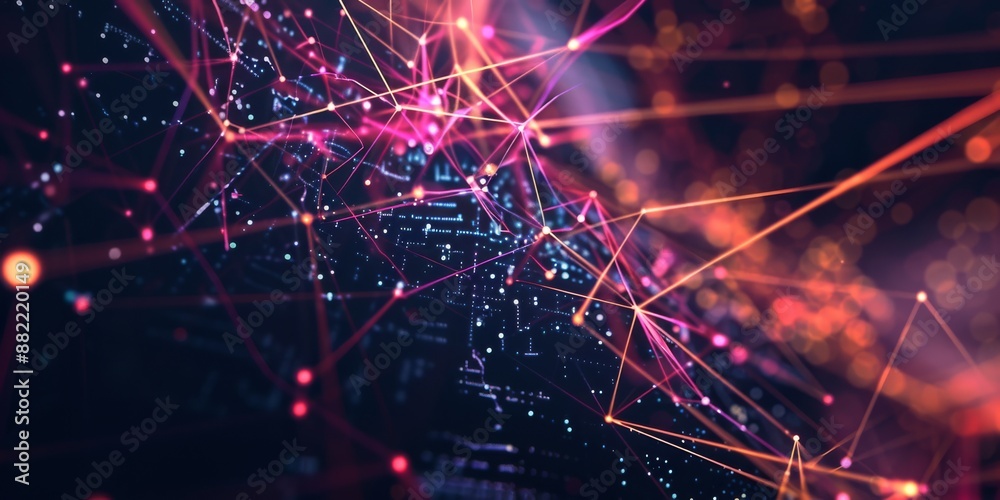 Poster abstract image representing a futuristic digital network with interconnected data points and glowing