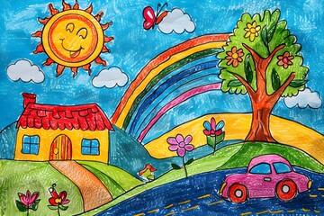 Children's drawing: sunny landscape, rainbow, tree, house, pink car on a winding road