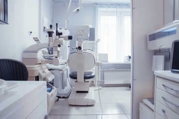 Empty modern optometrist examination room with various ophthalmology devices. Optometry Clinic Room with Advanced Vision Testing Equipment