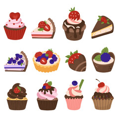 Colorful slices of sweet cakes set vector illustration. Bright cookies, cupcakes, cakes.