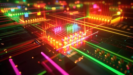 Obraz premium Abstract close-up of an illuminated circuit board with vibrant neon colors,