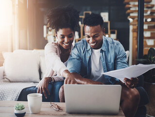 Finance, laptop and happy couple with document on sofa for bills, tax review or mortgage. Lens...