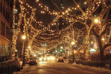 Night Street Lights Cityscape with Christmas Lights