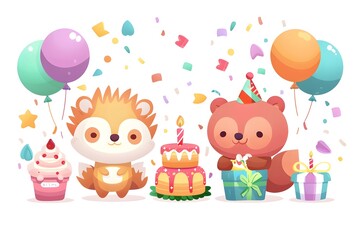 Fototapeta premium Cute woodland animals celebrating a birthday with cake, cupcakes, gifts, and colorful balloons.