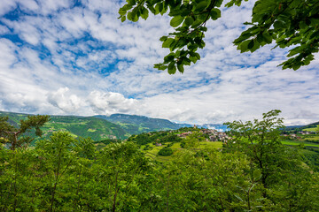 Panoramic view from Prösels Castle of the village of Fiè allo Sciliar (Völs am Schlern) in the Dolomites in South Tyrol, Italy.