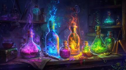 Enchanting Collection of Glowing Potion Bottles on Alchemist's Table