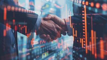 Professional handshake signaling successful partnership with financial data overlay in the background.