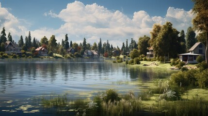 Fototapeta premium Serene lakefront homes in a lush forest setting.