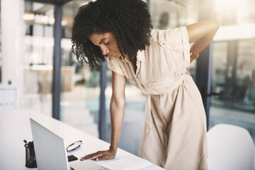 Office, black woman and tired with back pain for stress, poor ergonomics and abdominal muscle of...