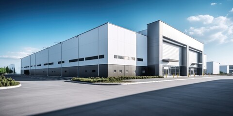 Modern warehouse building exterior, building servicing or car service buildings, Cargo transportation and logistics, with a parking lot on a blue sky background, Car repair or service concept.